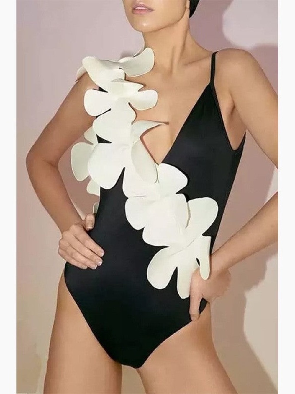 Black One-Piece Swimsuit with White Floral Appliqué